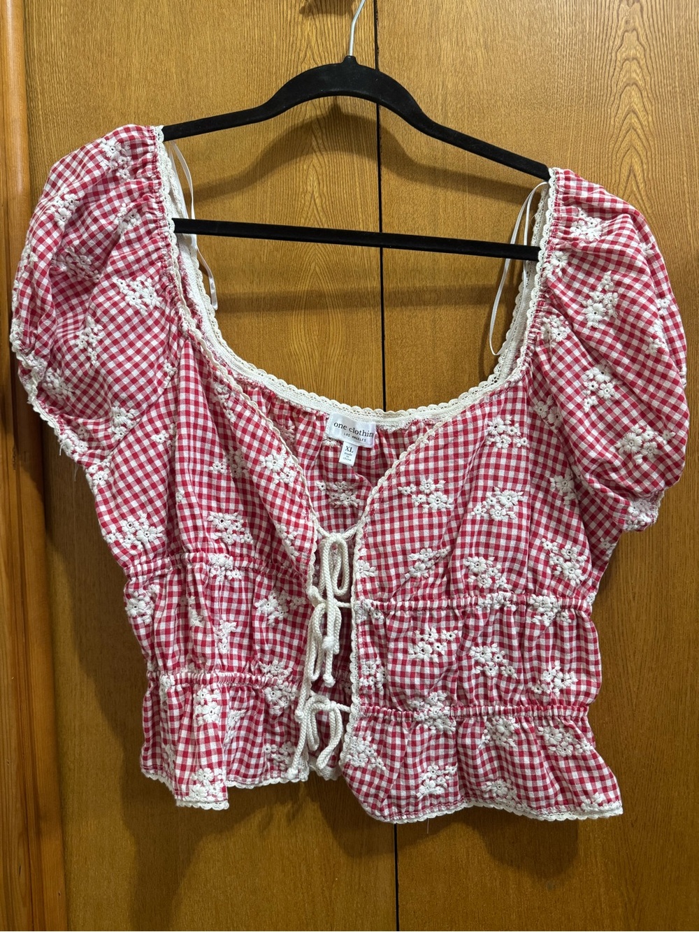 one clothing Red Gingham Tie-Front Puff Sleeve Blouse